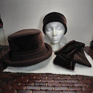 Kingsley Hat Scarf Headband 3-Piece Set Velvet & Fleece Chocolate Brown (PP-15)